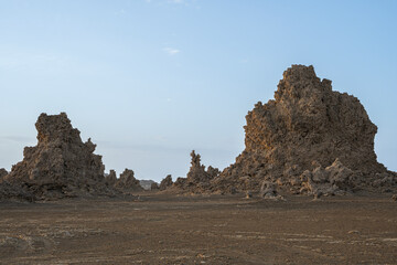 Sunrise around the Volcanic Chimneys of Lake Abbe aka Lac Abbe Bad, Djibouti, East Africa, Horn of...