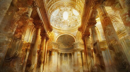 Obraz premium Baroque fresco of a grand cathedral interior with ornate columns arches and gold accents in muted warm tones for a majestic atmosphere