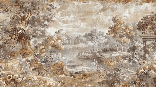 Tapestry-style Baroque wallpaper with pastoral life scenes in rich earth tones and gold accents for a rustic timeless look