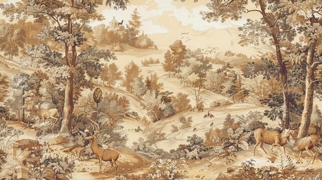 Pastoral scenes in earth tones with gold details on a Baroque tapestry wallpaper exuding rustic charm