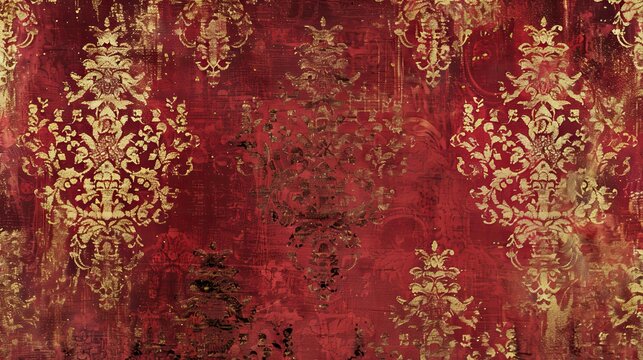 Rich ruby red and gold Baroque brocade wallpaper with intricate detailing featuring a slightly worn texture for an opulent and sophisticated look