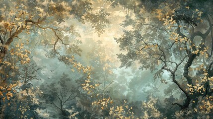 Elegant Baroque background with a mural of a serene forest glade in muted greens