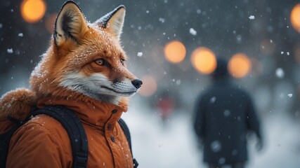 Whimsical Fox in Winter Gear with Festive Lights Amidst Snowfall.
