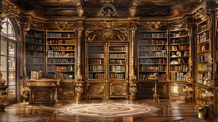 Opulent Baroque wallpaper depicting a grand library with wood and gold accents Opulent Baroque wallpaper depicting a grand library with wood and gold accents