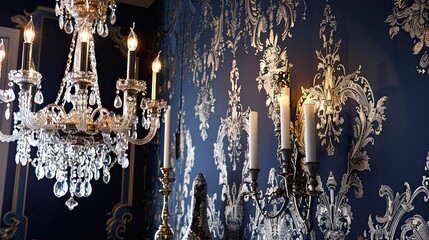 Elegant Baroque wallpaper featuring a silver and gold chandelier on navy backdrop