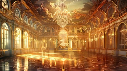 Obraz premium Luxurious Baroque background showing a classical dance hall mural with chandeliers