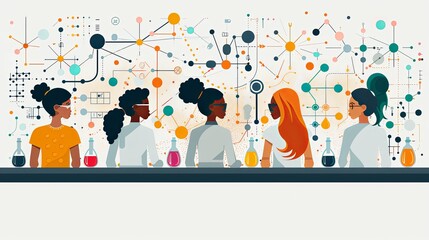 Women and girls from different races and ethnicities working in computer science, data and laboratory. Breaking science bias concept illustration
