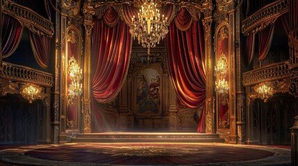 Wallpaper with a grand Baroque opera stage mural velvet curtains and chandeliers