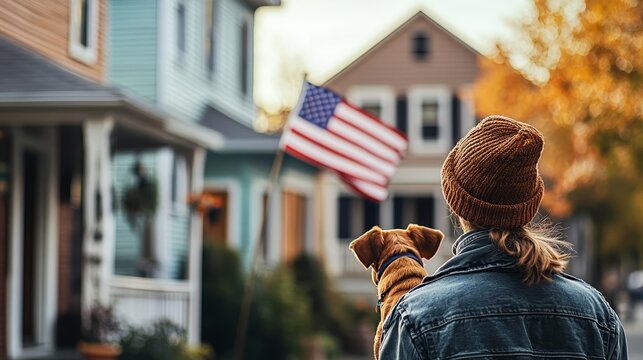 Serene small-town America with vintage houses and US flags waving gently in the breeze