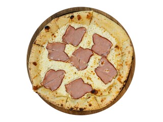 Delicious Ham and Cheese Pizza on Wooden Board - Top View