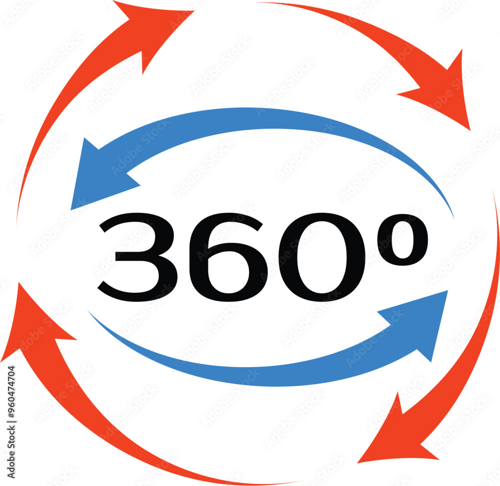 Poster blue and red arrows turning around number 360, symbolizing full coverage, a complete cycle and conti
