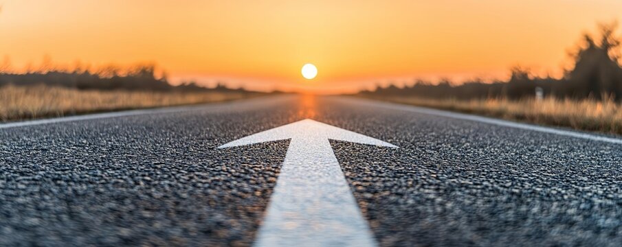 Close-up of a straight road with a white arrow pointing forward, leading into a vibrant sunset on the horizon