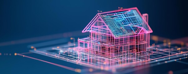 Holographic office building design with intricate digital details, illuminated in neon pink and blue on a dark blue backdrop