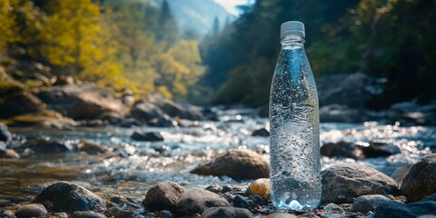 Water bottle by a flowing stream and rocks.