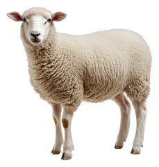 Fototapeta premium A fluffy white sheep standing on a farm field, cut out - stock png.
