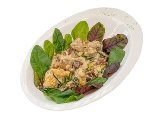 Exquisite Creamy Chicken and Mushroom Dish with Fresh Spinach on Elegant White Plate