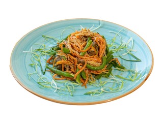 Vibrant Stir-Fried Noodle and Vegetable Medley on Elegant Turquoise Plate
