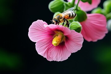 Bees and hollyhocks, tall stalks, buzzing activity bring vertical motion to the garden