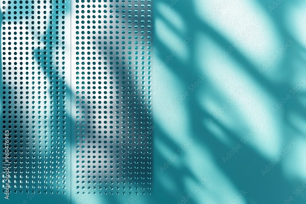 Wall mural A bright turquoise wall features perforated panels that create striking, intricate shadows. The natural light enhances the visual contrast and patterns