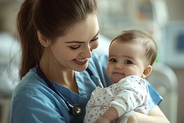 Smiling doctor holding a baby in a hospital room