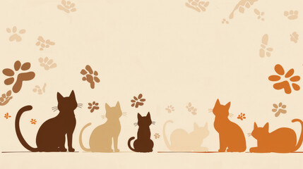 Cat Silhouettes with Paw Prints Background