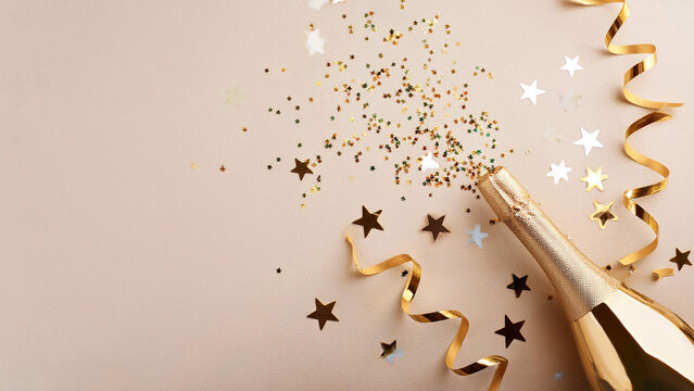 Fundo de celebra&ccedil;&atilde;o com garrafa de champanhe dourada, estrelas , confete e serpentinas. Conceito de final de ano, anivers&aacute;rio ou casamento. Cart&atilde;o ano novo, R&eacute;veillon.