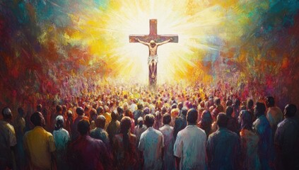 An abstract depiction of a cross with people surrounding it, with God's rays shining down upon them Generative AI
