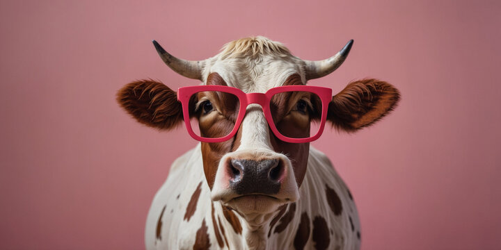 cow wears red glasses with pink background.