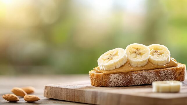 A delicious slice of whole grain bread topped with creamy peanut butter and fresh banana slices, perfect for a healthy snack.
