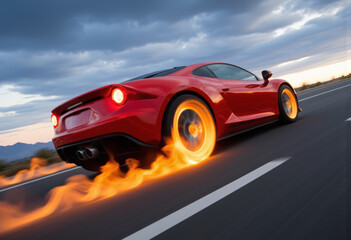 Naklejka premium Cool red fast car with burning wheels.