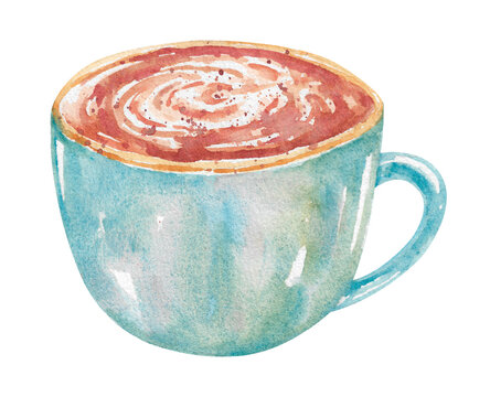 recommend clip art: Turquoise cup with golden rim of cappuccino with cinnamon. Hand drawn watercolor illustration