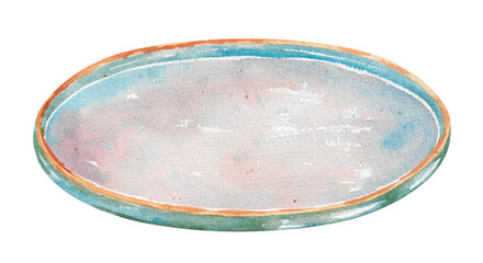 Green ceramic dish with golden rim hand drawn watercolor illustration isolated on white background