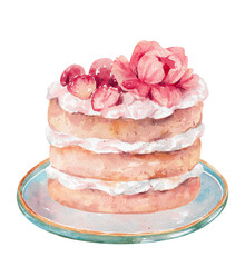 Watercolor cake with whipped cream, fresh strawberry and berry syrup topping, rose illustration