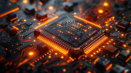 Fototapeta premium Printed circuit board futuristic server/Circuit board futuristic server code processing. Orange, green, blue technology background with bokeh. 3D Rendering