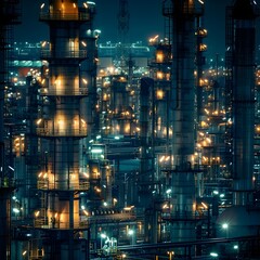 Towering Oil Refinery at Night with Glowing Structures and Lights Industrial Cityscape