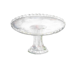 Vintage glass cake stand. Hand drawn watercolor illustration isolated on white background