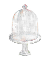 Vintage glass cake stand. Hand drawn watercolor illustration isolated on white background