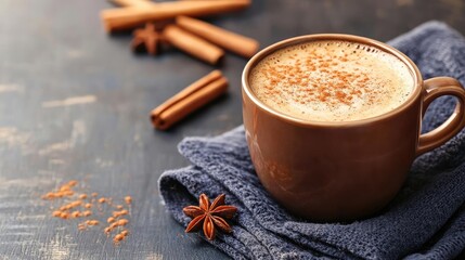 A warm cup of coffee with spices displayed on a rustic surface, perfect for cozy moments and inviting atmospheres.