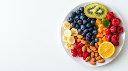 A vibrant assortment of fresh fruits and nuts arranged on a plate, showcasing healthy colors and textures for a nutritious snack.