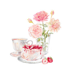Watercolor set of tea cup, meringue with strawberry topping and glass vase with roses on white