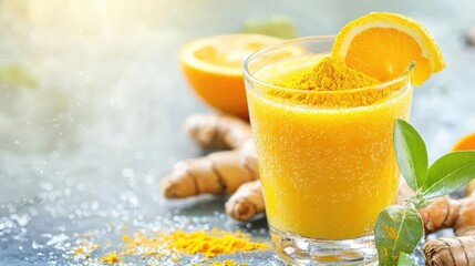 Fototapeta premium Vibrant glass of orange juice with turmeric, garnished with a slice of orange, highlighting healthy ingredients and fresh flavors.