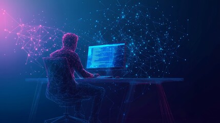 Computer technology low poly wireframe banner vector template. Software development, freelance poster polygonal design with text space. Person working with desktop PC 3d mesh art with connected dots