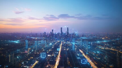 Obraz premium Glimmering Metropolis: An Aerial Perspective on the City at Dusk