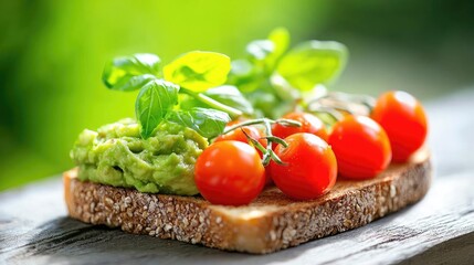 Fresh avocado toast topped with cherry tomatoes and basil, perfect for a healthy breakfast or snack option.