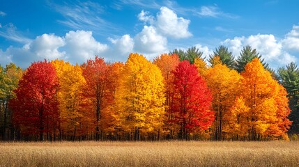 Fototapeta premium Crisp autumn air and bright blue skies over a landscape filled with colorful trees, creating a serene and inviting seasonal background.
