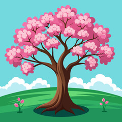 Blooming cherry tree illustration with pink flowers on a green hillside under a bright blue sky