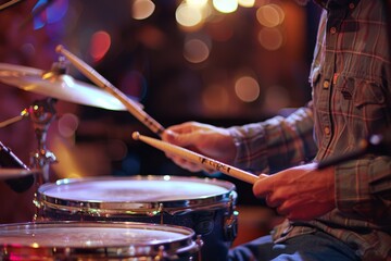 Naklejka premium Close up of a drum set with sticks playing drums