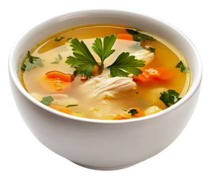 Delicious chicken soup with vegetables and herbs, cut out - stock png.