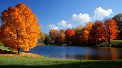 Obraz premium A peaceful autumn scene with brilliant blue skies and trees rich with fall colors, providing a serene and warm seasonal backdrop.