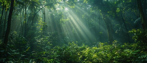 Obraz premium Serene Lush Green Forest - Sunlight Filtering Through Canopy of Trees